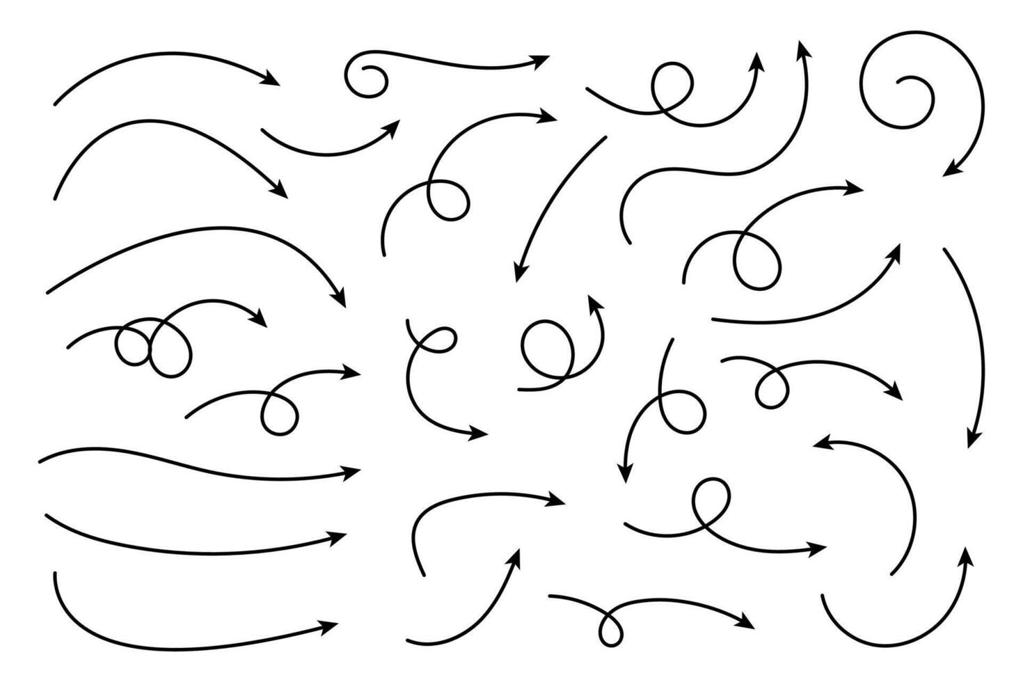 Sammlung von gebogen Pfeile. einstellen einfach Hand gezeichnet Pfeile. Sammlung von Zeiger. vektor