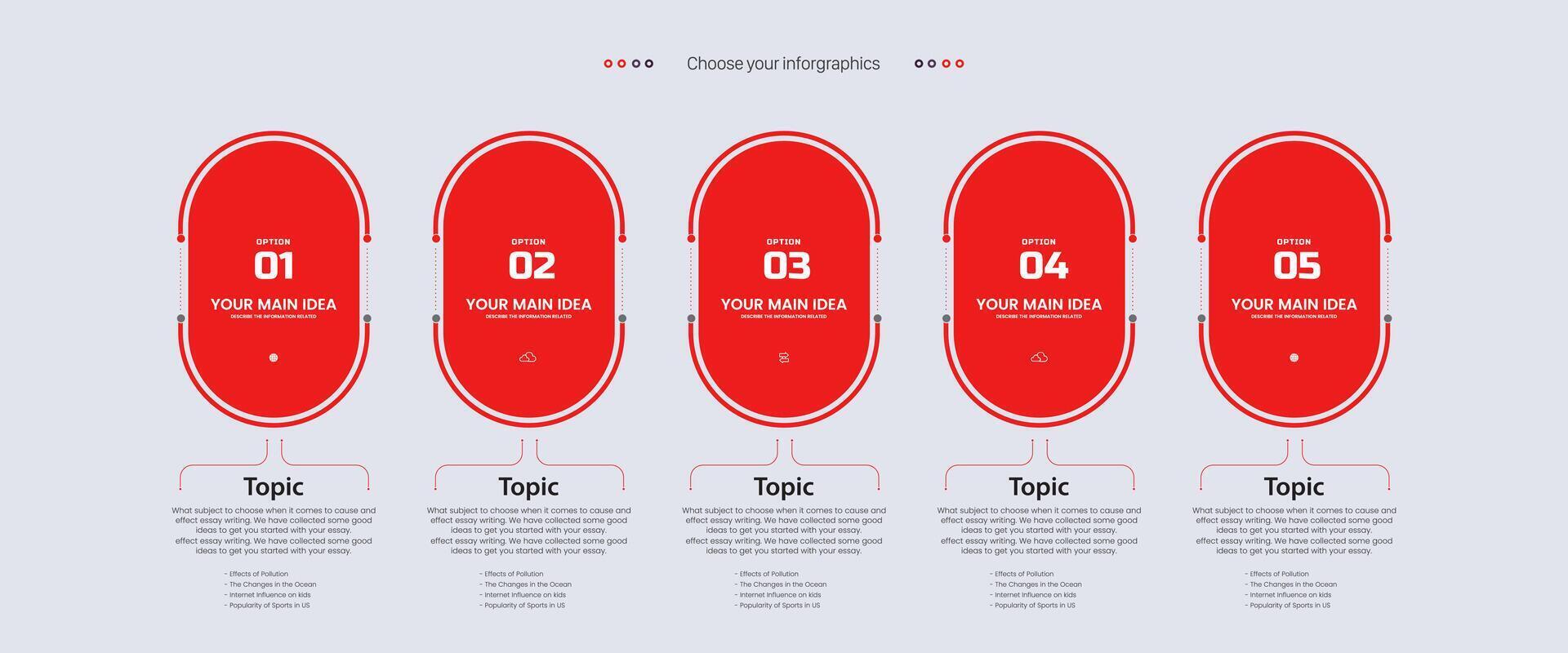 fünf rot Optionen von Infografik Vorlagen Design. 5 Elemente von modern rot Infografiken Stil, Geschäft und Finanzen Verfahren, Infografik Prozess Schritte Vektor, Illustration vektor