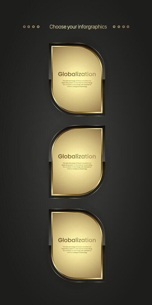 drei Prämie Tasten Infografik. Sammlung von drei golden Symbole auf dunkel Gradient Hintergrund, drei Gold Luxus Symbole. Vektor Illustration