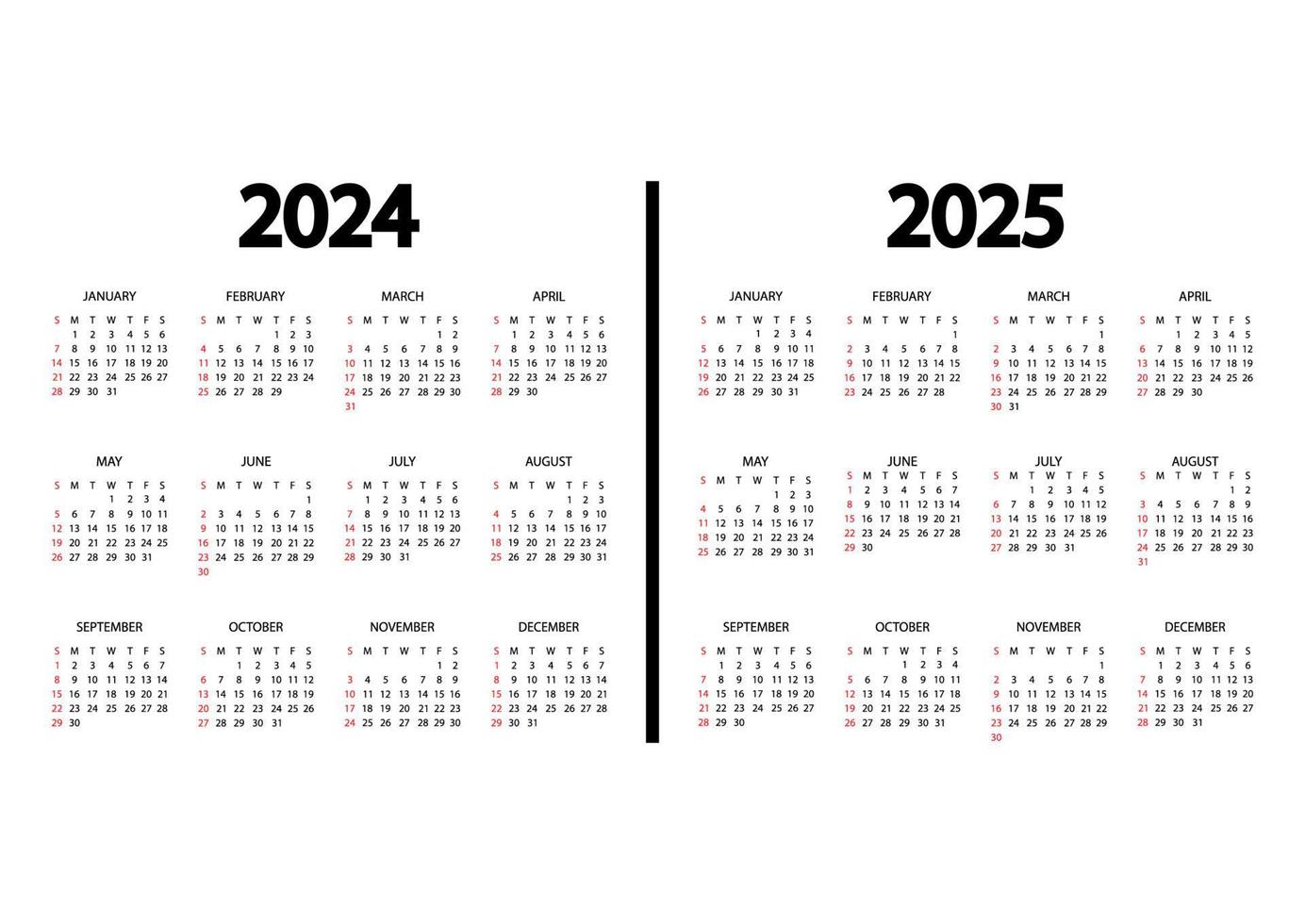 Kalender 2024, 2025 Jahr. die Woche beginnt am Sonntag. Jahreskalender Vorlage. jährlicher englischer Kalender. Jahresorganisator in minimalistischem Design. hochkant vektor