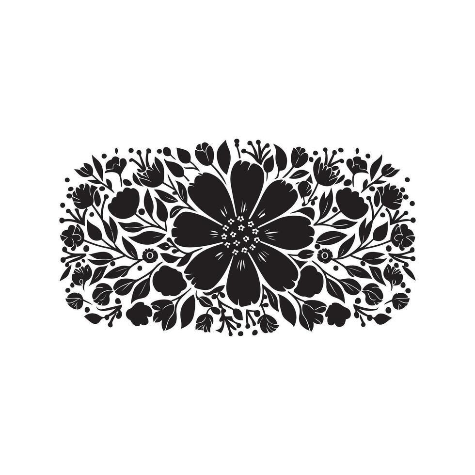 svart linje blommig sammansättning i en cirkel, dekorativ botanisk vektor element silhuett