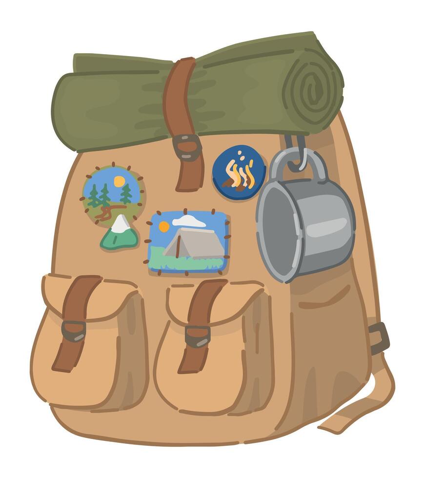 Wandern Rucksack Clip Art. Reise Attribut, draussen Abenteuer Gekritzel isoliert auf Weiß. Karikatur Vektor Illustration.