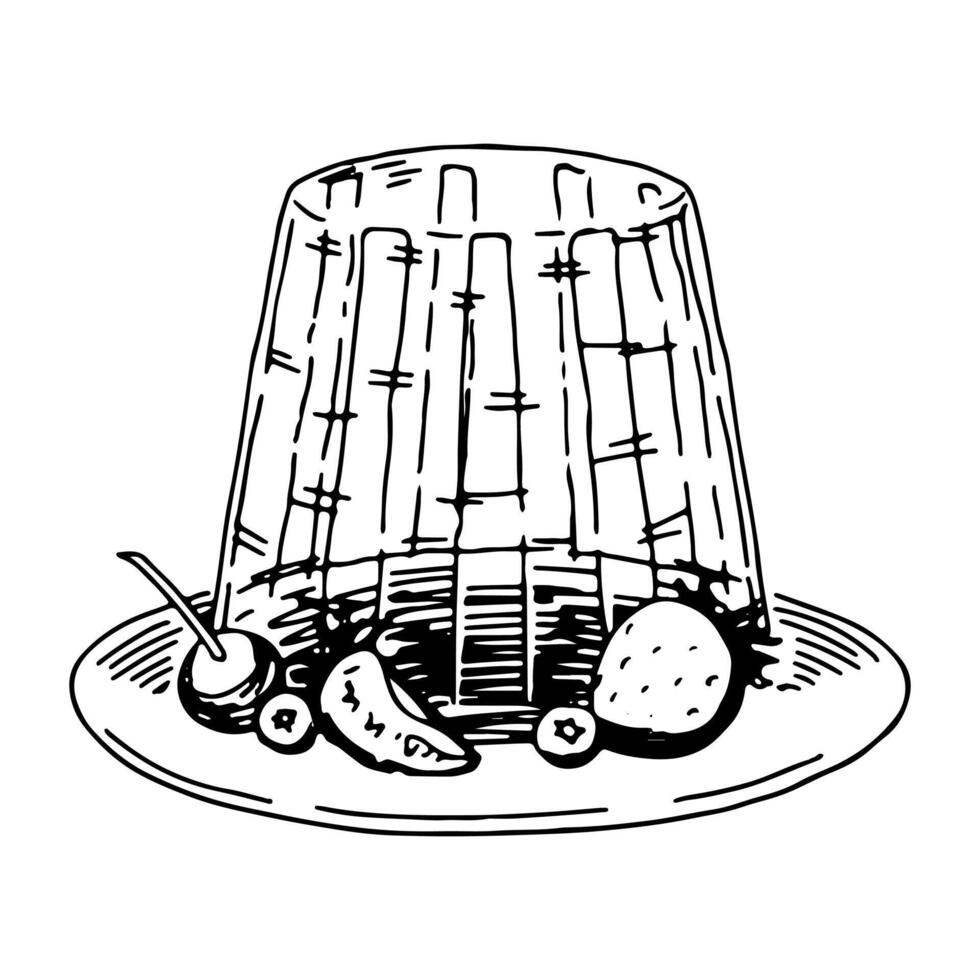 Gelee Dessert mit Beeren. Single Süss Essen skizzieren. Hand gezeichnet Vektor Illustration im retro Stil. Gliederung Clip Art isoliert auf Weiß Hintergrund.