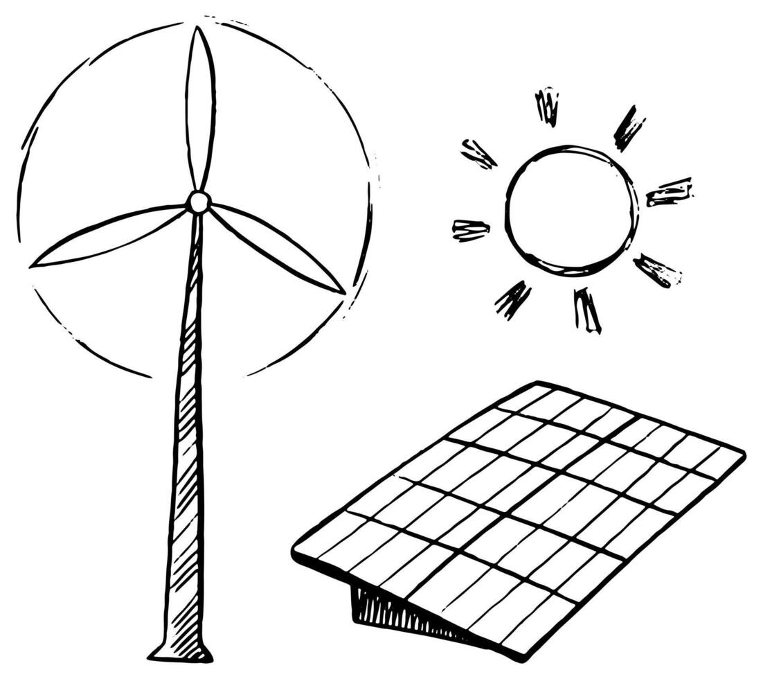 grön energi klotter uppsättning. vind och sol- energi. hand dragen vektor ekologi illustration. svart teckning isolerat på vit. skiss stil, enda bild för design, skriva ut, kort, affisch, klistermärke, baner.