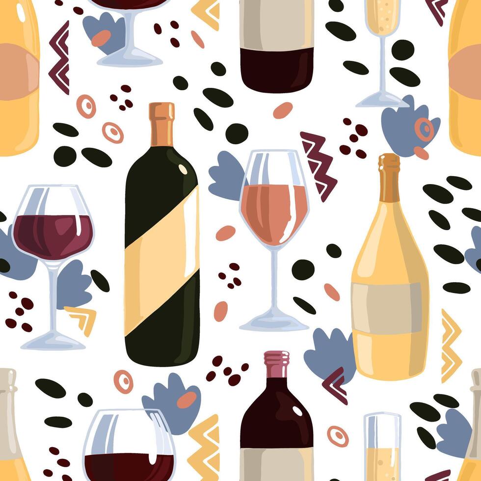 Wein Flaschen, Gläser, Käse, Trauben, Oliven. Hand gezeichnet Vektor nahtlos Muster. bunt eben Hintergrund im retro abstrakt Stil. zum Design, drucken, Dekor, Hintergrund, Stoff, Textil, wickeln, Karte.