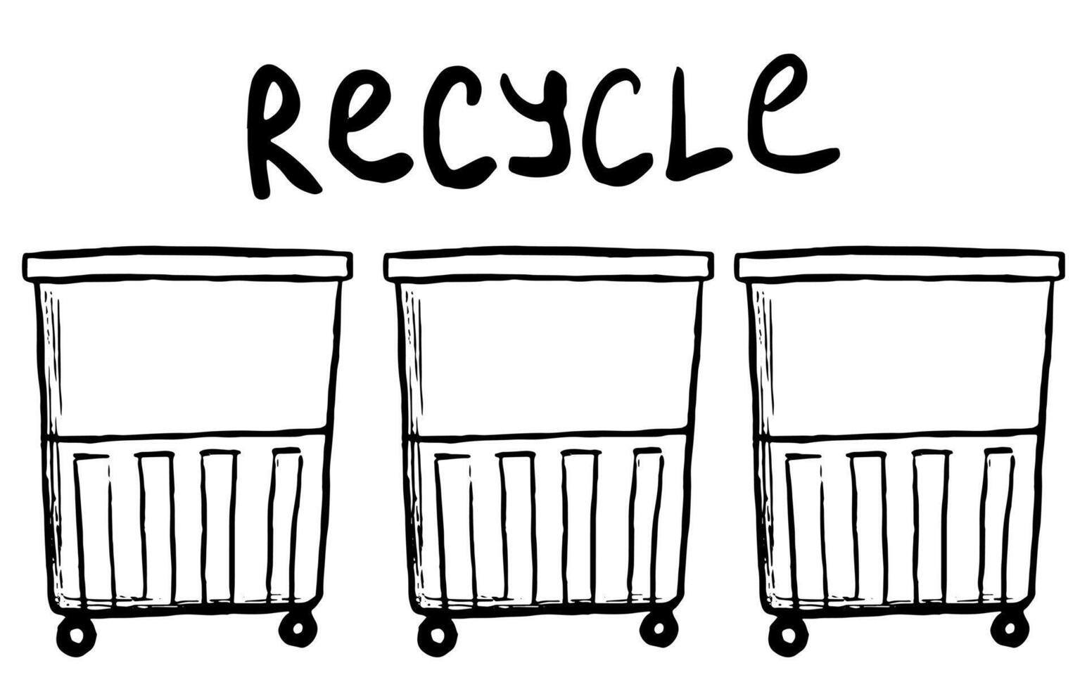 Müll Behälter und Inschrift von recyceln. Hand gezeichnet Vektor Ökologie Illustration. schwarz skizzieren Zeichnung isoliert auf Weiß. Kritzeleien Stil, Single Bild zum Design, drucken, Karte, Poster, Aufkleber, Banner.