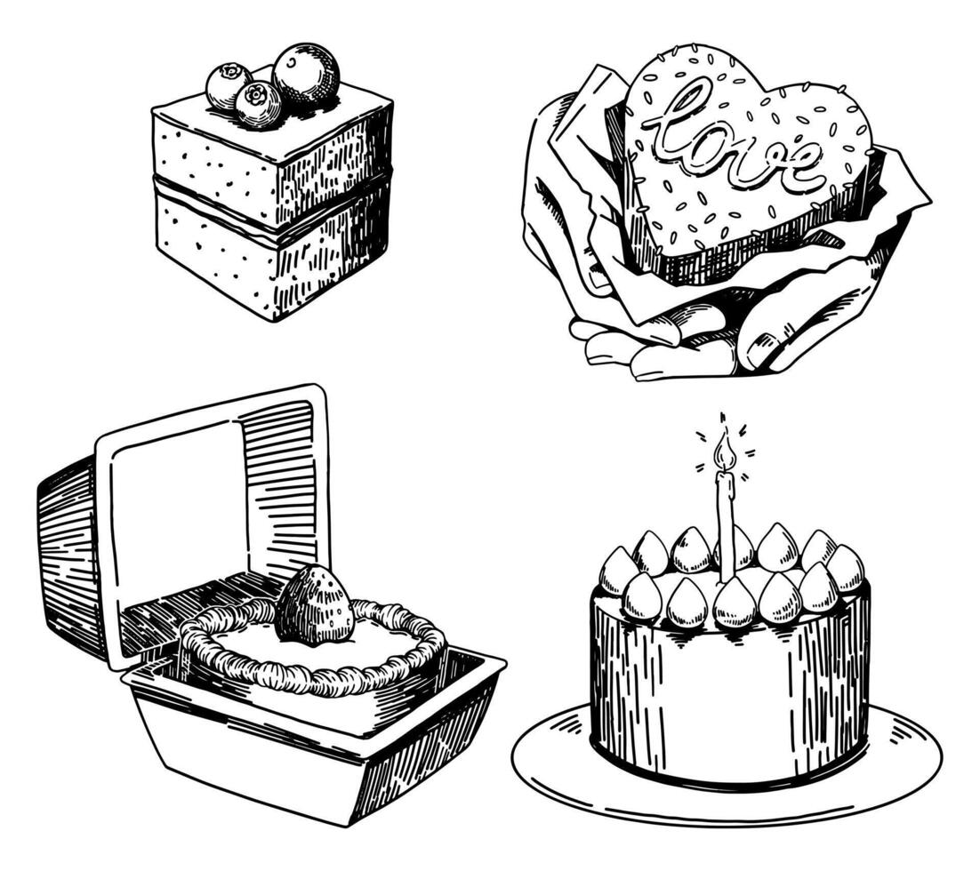 uppsättning av lunch låda kakor. samling av ljuv liten desserter. översikt cliparts isolerat på vit bakgrund. söt, romantisk, gott Semester närvarande. hand dragen vektor illustration i retro stil.