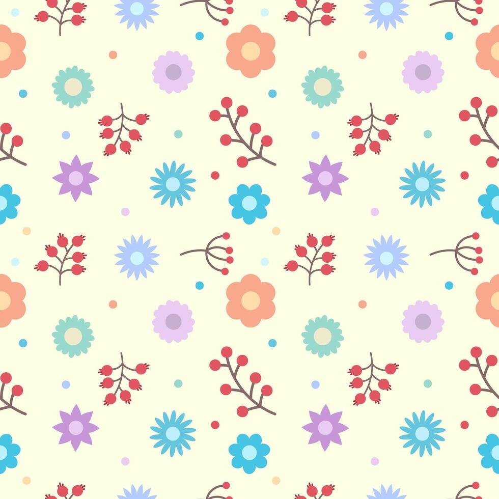 sömlös mönster med grenar av bär, blommor och en små polka punkt på en ljus bakgrund, vektor