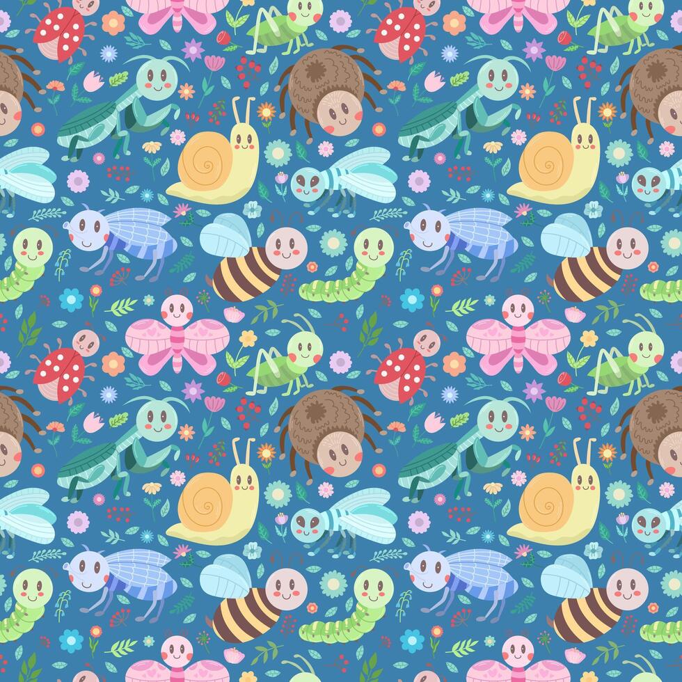 tecknad serie sömlös mönster med annorlunda insekter på en blå bakgrund. bebis skriva ut vektor design