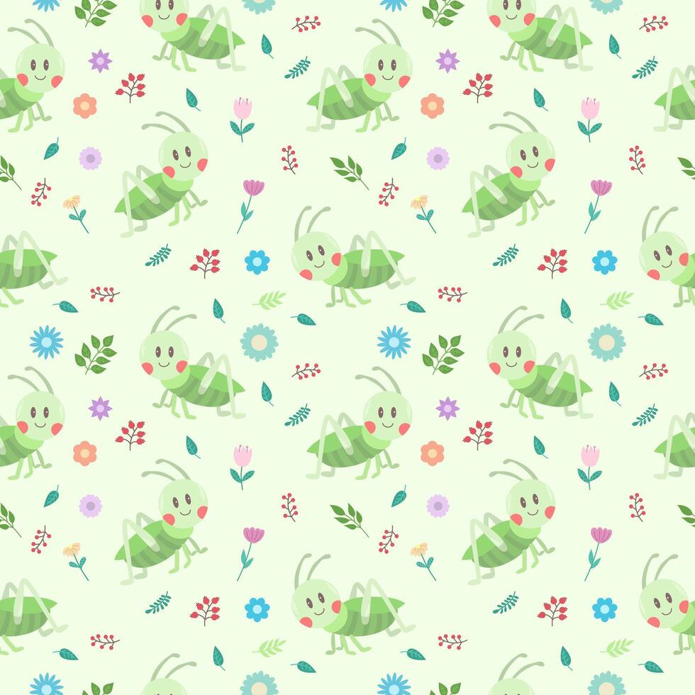 süß kindisch Muster mit Heuschrecke, Blumen und Blätter auf ein Grün Hintergrund. Vektor Illustration