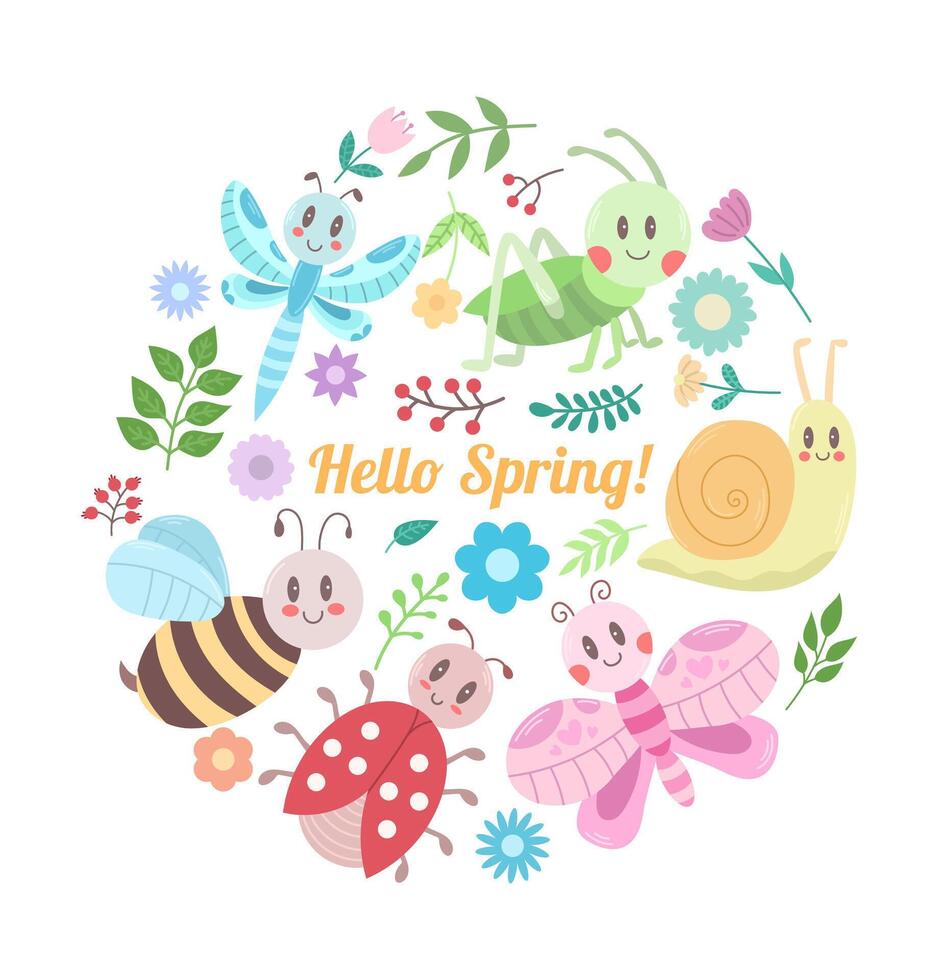 Frühling Illustration mit Baby Insekten und Blumen auf ein Weiß Hintergrund. Vektor eben Illustration im Kreis gestalten