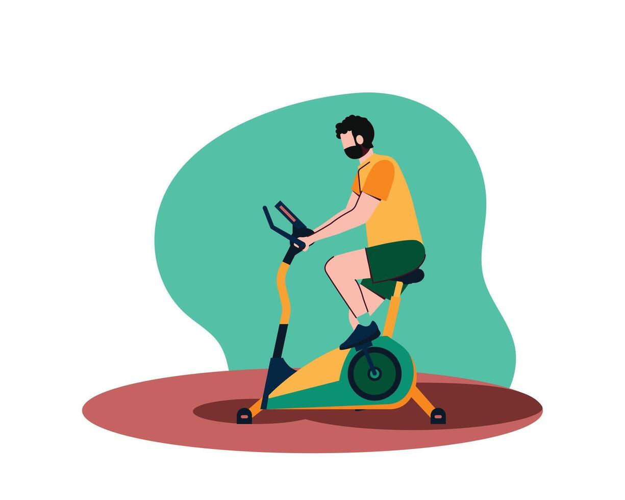 Mann tun Sport Übungen mit statisch Fahrrad. Vektor Illustration zum Sport und Freizeit Aktivität