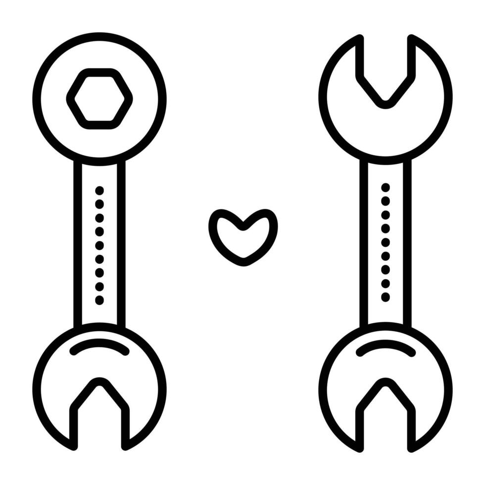 zwei Schraubenschlüssel und Herz, schwarz Linie Vektor Symbol von Metall Werkzeug, Schraubenschlüssel Piktogramm, doppelt Schraubendreher Zeichen, Liebe zu Mechanik und Reparatur