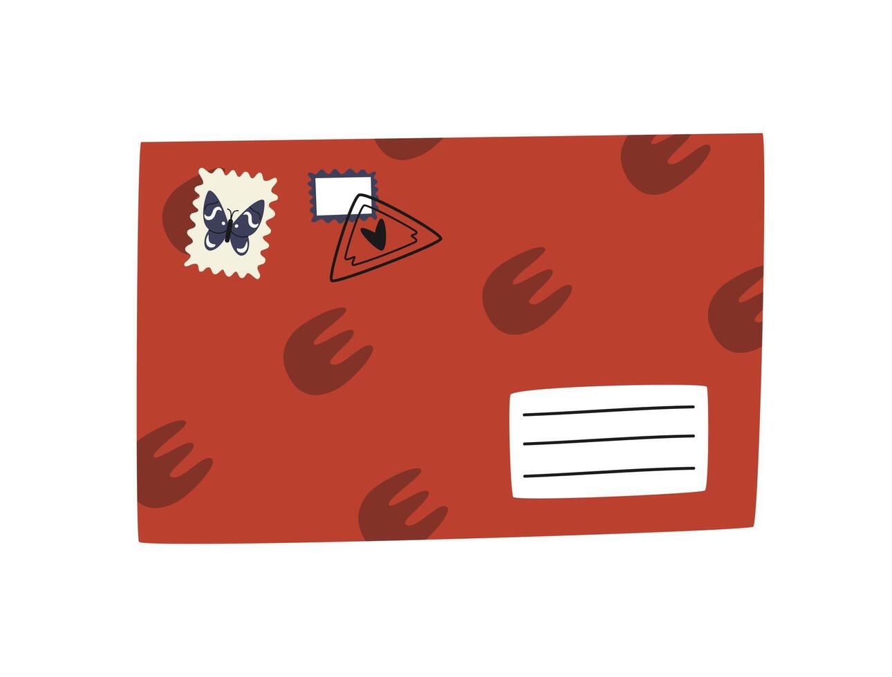 Hand gezeichnet süß Karikatur Illustration Brief oder Briefumschlag mit Porto Briefmarken. eben Vektor Mail Aufkleber im einfach farbig Gekritzel Stil. Post, Korrespondenz, Symbol oder drucken. isoliert auf Weiß Hintergrund.