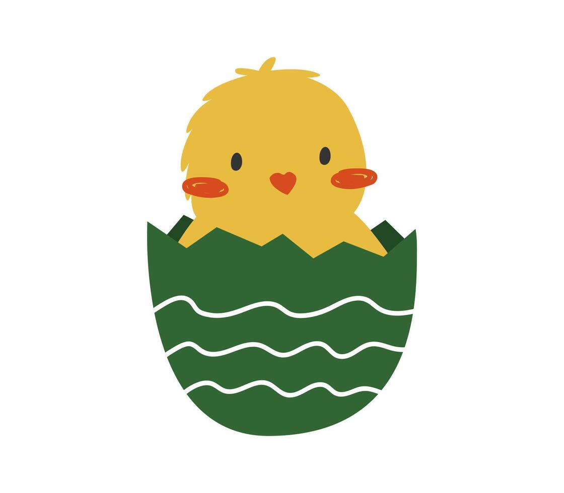 Hand gezeichnet süß Karikatur Illustration von klein Küken im Ei Hülse. eben Vektor Frühling Ostern Design Aufkleber im farbig Gekritzel Stil. Huhn, Vogel Nestling Symbol oder drucken. isoliert auf Hintergrund.