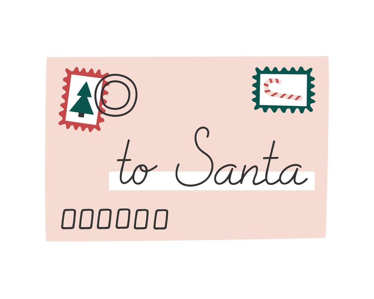 Hand gezeichnet süß Karikatur Illustration von Brief mit Porto Briefmarken. eben Vektor Weihnachten Wunsch Mail zu Santa Aufkleber im farbig Gekritzel Stil. Neu Jahr, Weihnachten Symbol oder drucken. isoliert auf Hintergrund.