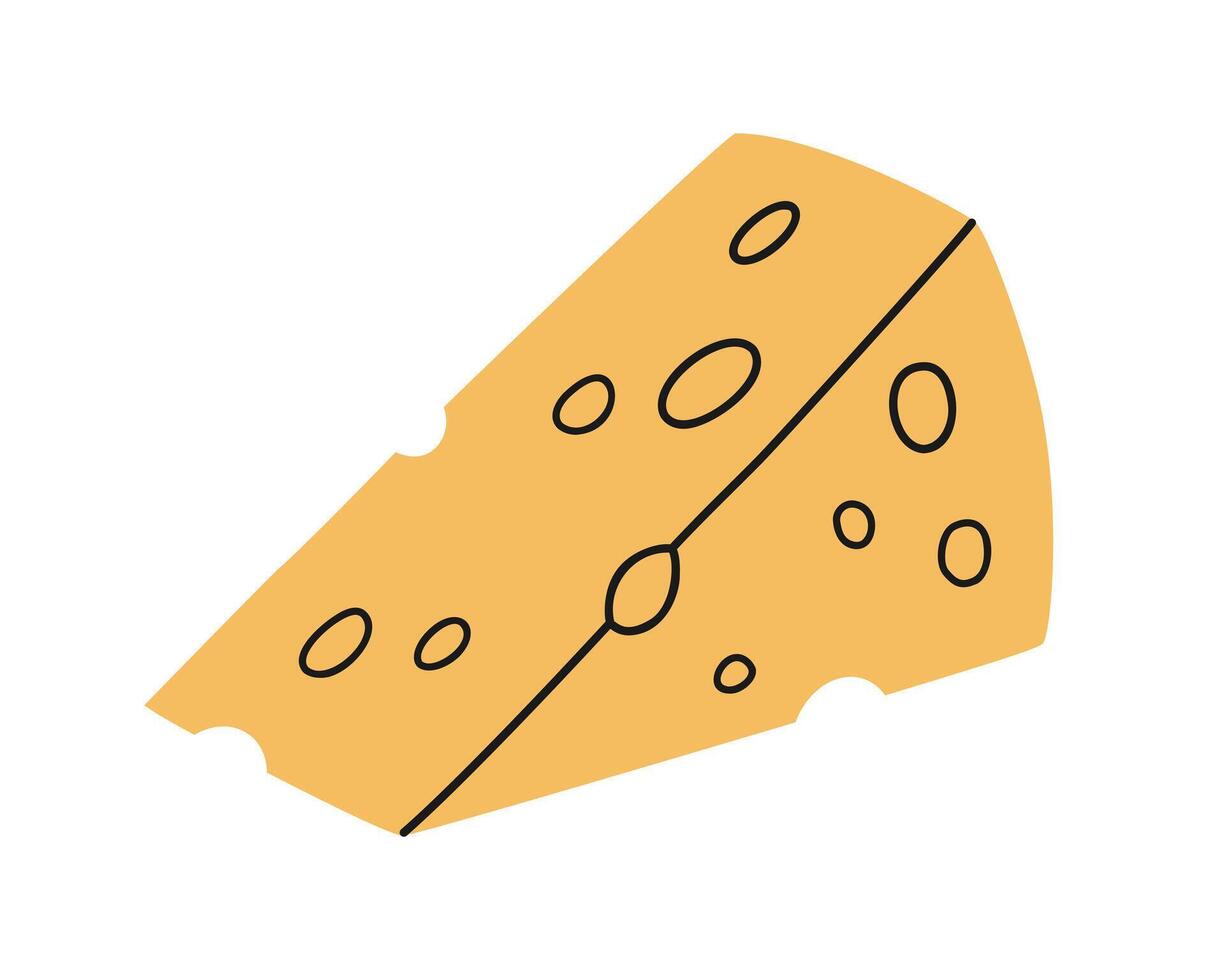 Hand gezeichnet süß Karikatur Illustration Stück von Käse. eben Vektor Scheibe von Cheddar oder Parmesan Aufkleber im einfach farbig Gekritzel Stil. Essen, Molkerei Produkt Symbol oder drucken. isoliert