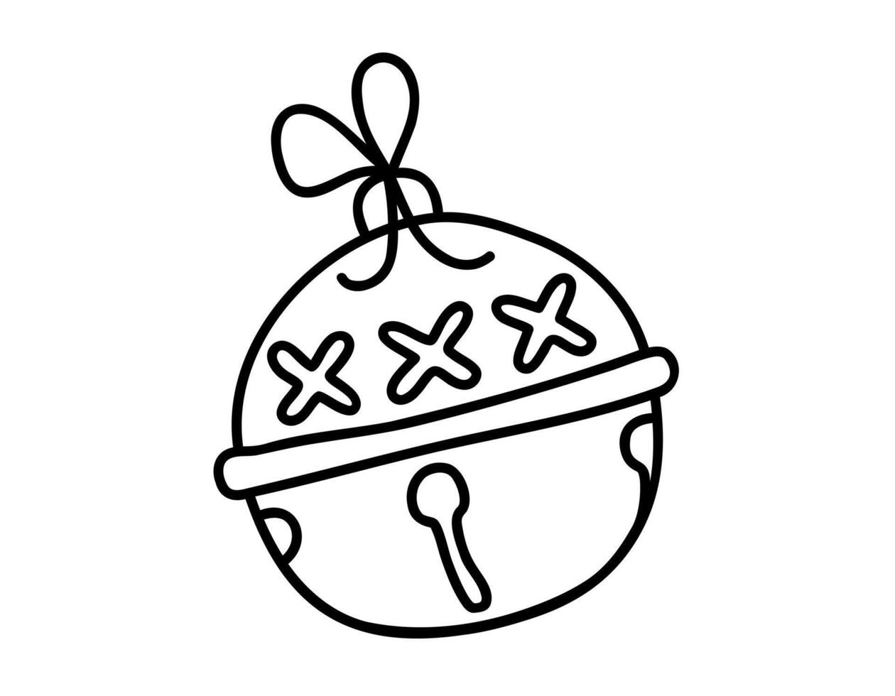Hand gezeichnet Karikatur Illustration von Gliederung Weihnachten Glocke mit Bogen. süß kindisch Weihnachten Gekritzel Dekoration. eben Vektor Winter Aufkleber, Symbol oder drucken. isoliert auf Weiß Hintergrund.