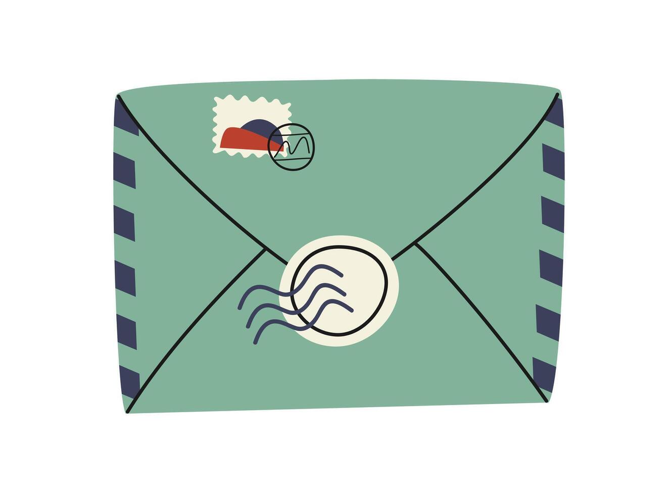 Hand gezeichnet süß Karikatur Illustration Brief oder Briefumschlag mit Porto Briefmarken. eben Vektor Mail Aufkleber im einfach farbig Gekritzel Stil. Post, Korrespondenz, Symbol oder drucken. isoliert auf Weiß Hintergrund.