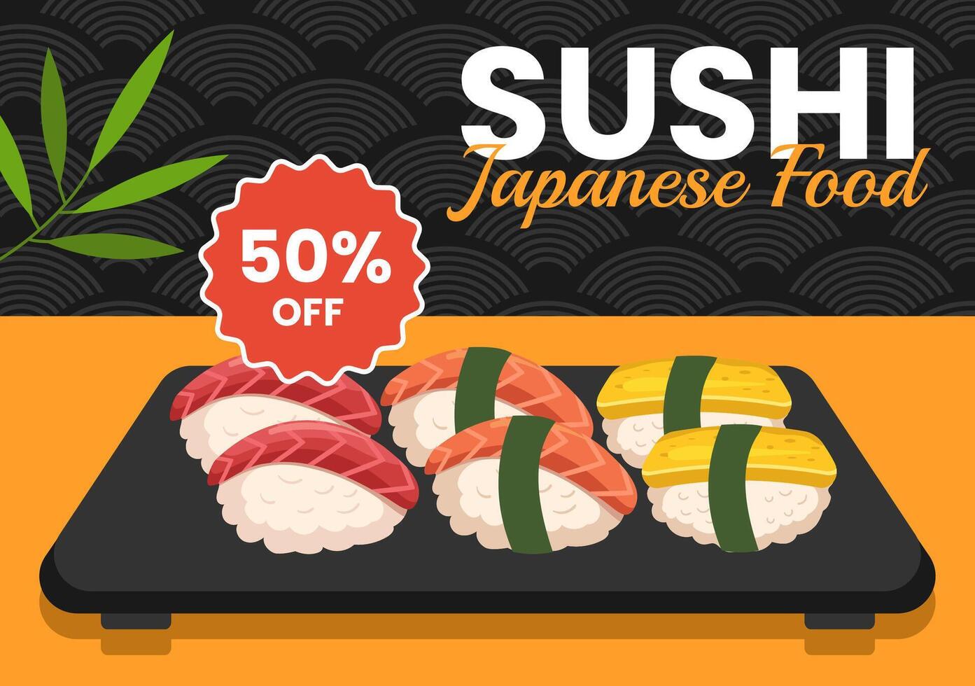 sushi japansk mat social media bakgrund platt tecknad serie hand dragen mallar illustration vektor