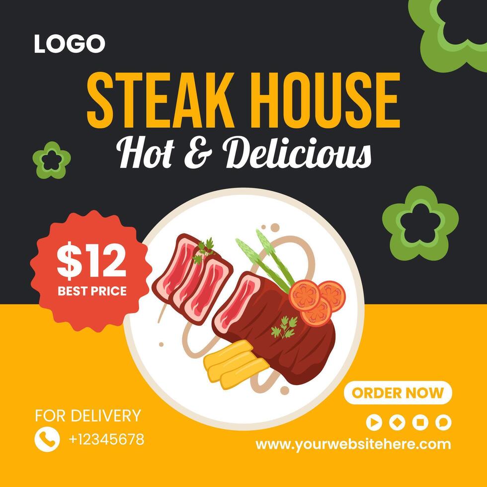 Steak House social media illustration platt tecknad serie hand dragen mallar bakgrund vektor