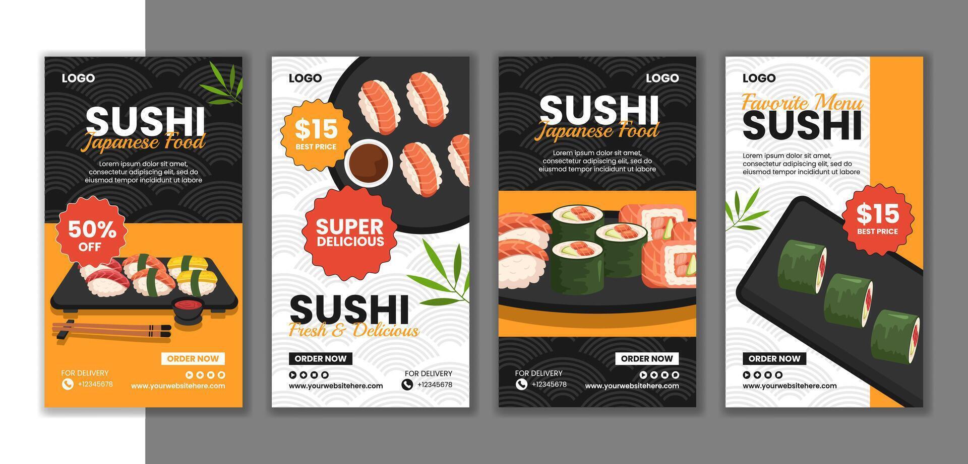 Sushi japanisch Essen Sozial Medien Geschichten eben Karikatur Hand gezeichnet Vorlagen Hintergrund Illustration vektor