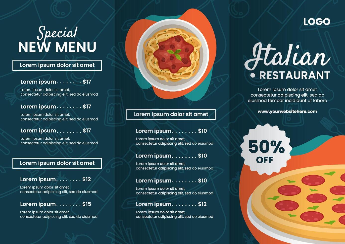 italiensk mat broschyr platt tecknad serie hand dragen mallar bakgrund illustration vektor