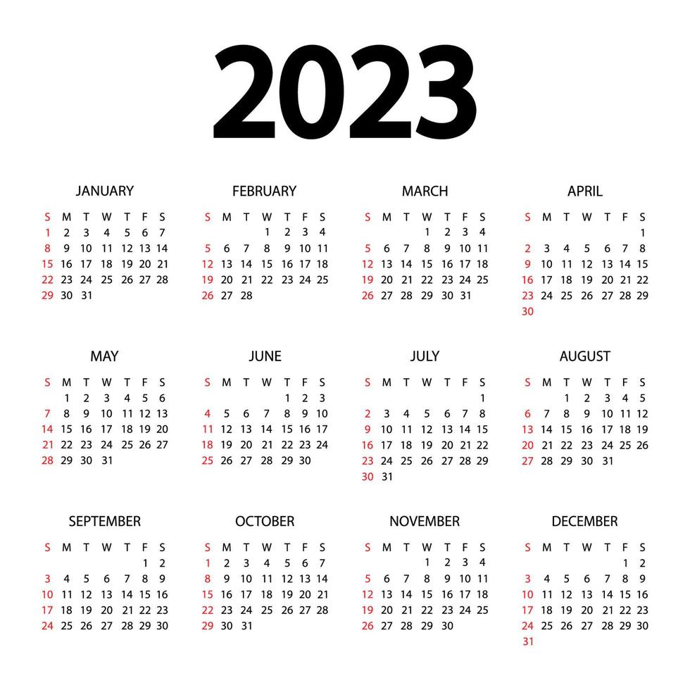 Kalender 2023 Jahr - Vektor-Illustration. die Woche beginnt am Sonntag. Jahreskalender 2023 Vorlage. Kalenderdesign in schwarz-weißen Farben, Sonntag in roten Farben vektor