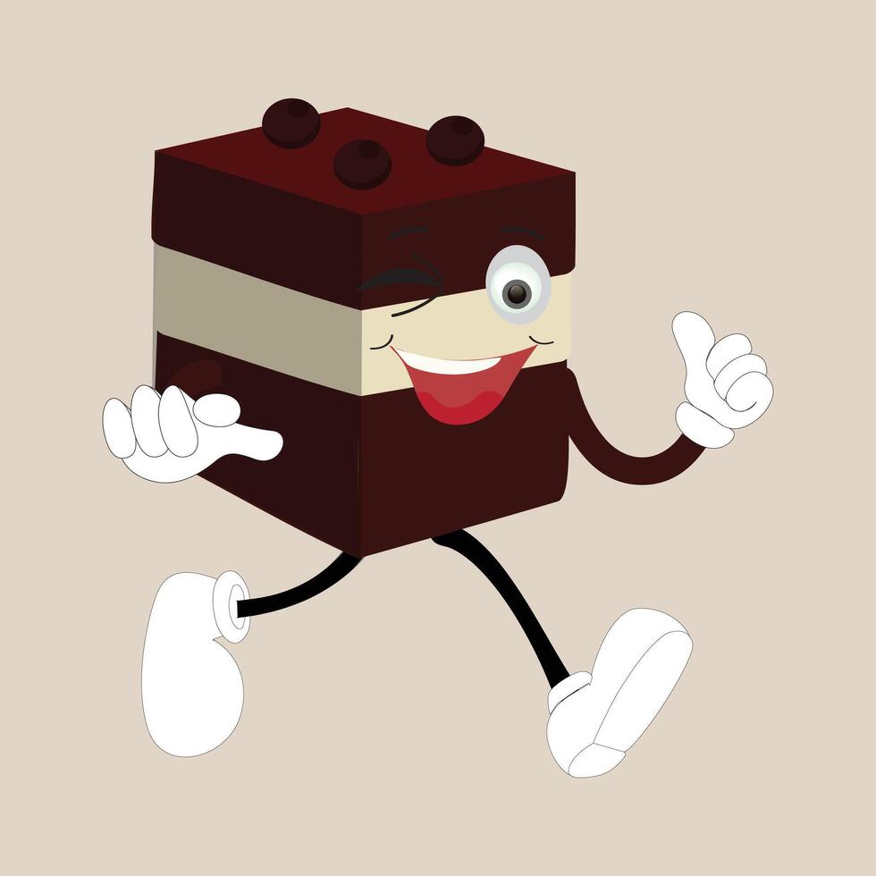 häftig kaka skivad tecknad serie maskot karaktär med leende. rolig retro födelsedag kaka skiva i sneakers, konfektyr maskot, grafisk element för hemsida vektor