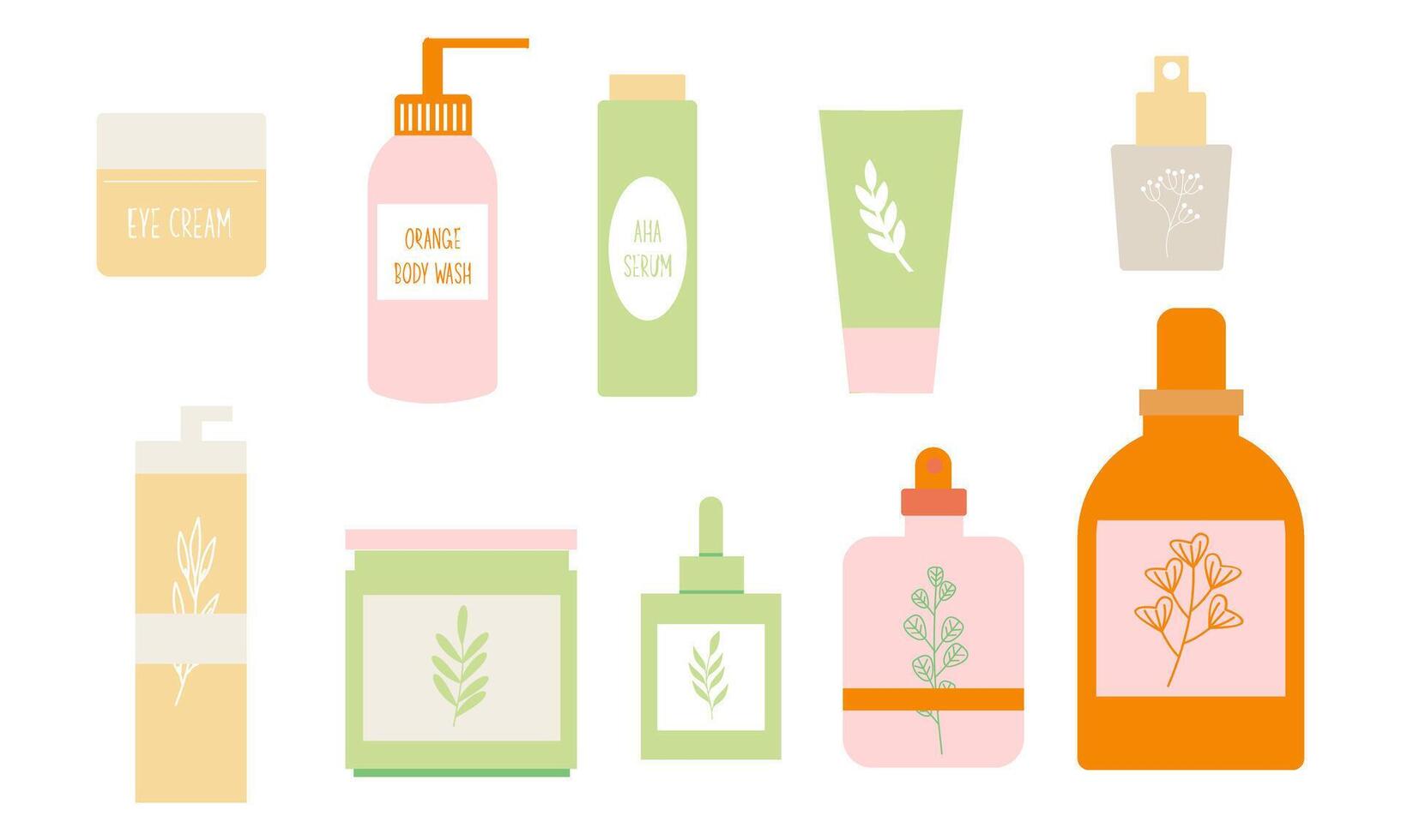 naturlig organisk kosmetika för hud i färgrik flaskor, rör, burkar vektor platt illustration
