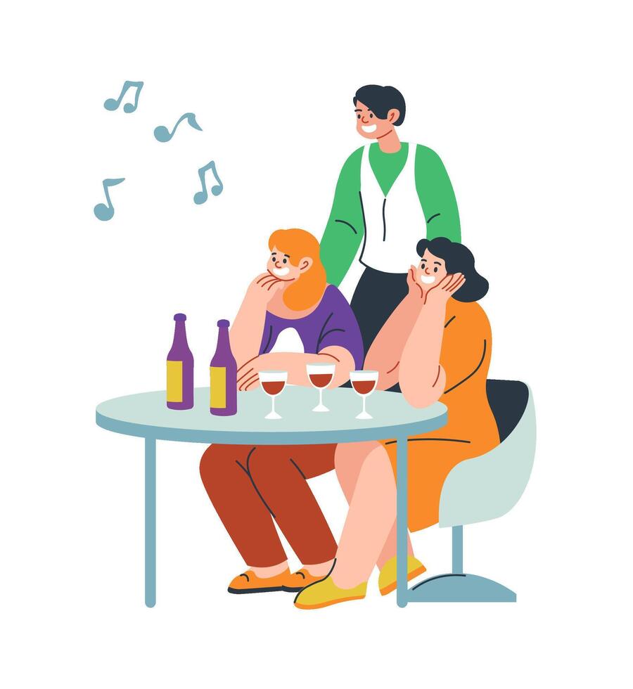 vänner lyssnande till leva musik i bar, festa vektor