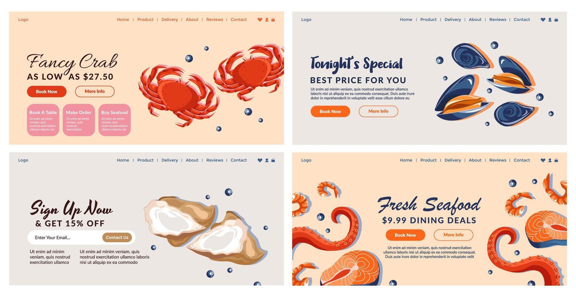 landning sida uppsättning för skaldjur restaurang erbjudande vektor