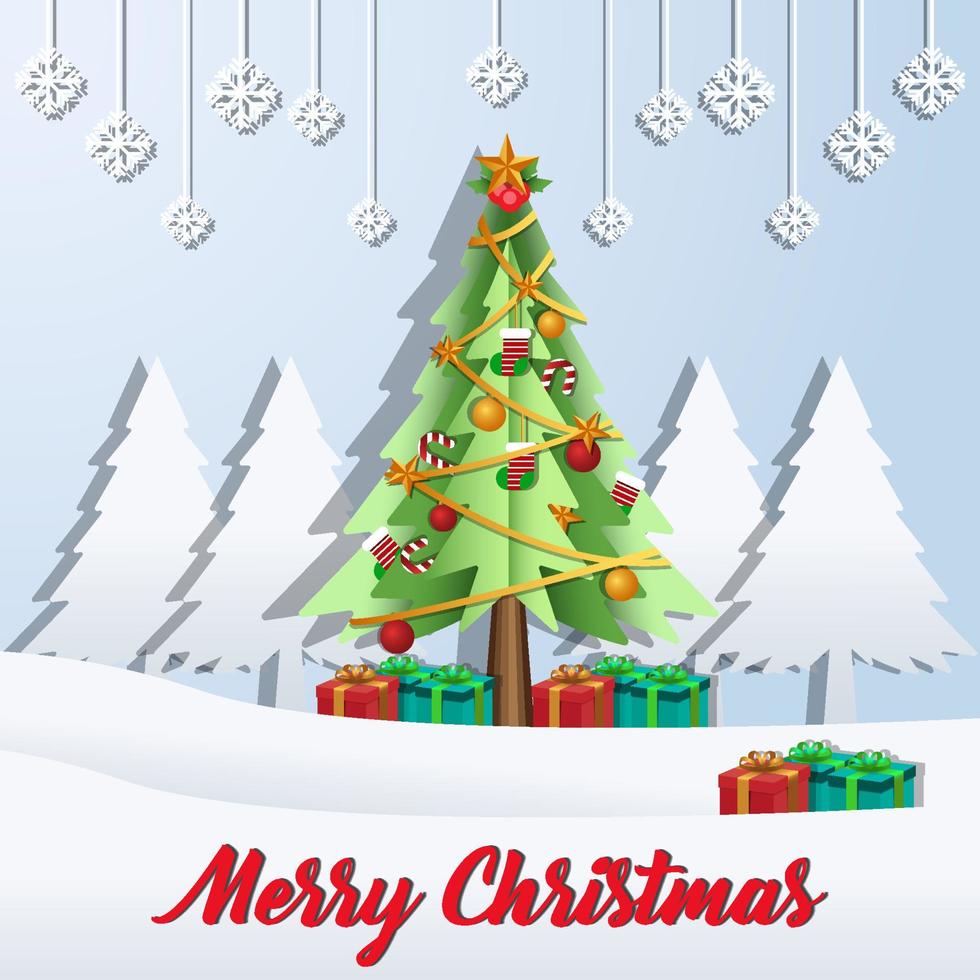 god jul i papperskonstsnittdesign med tall, godis, stjärnor, snöflingor, strumpa och presentförpackning på vinterbakgrund vektor