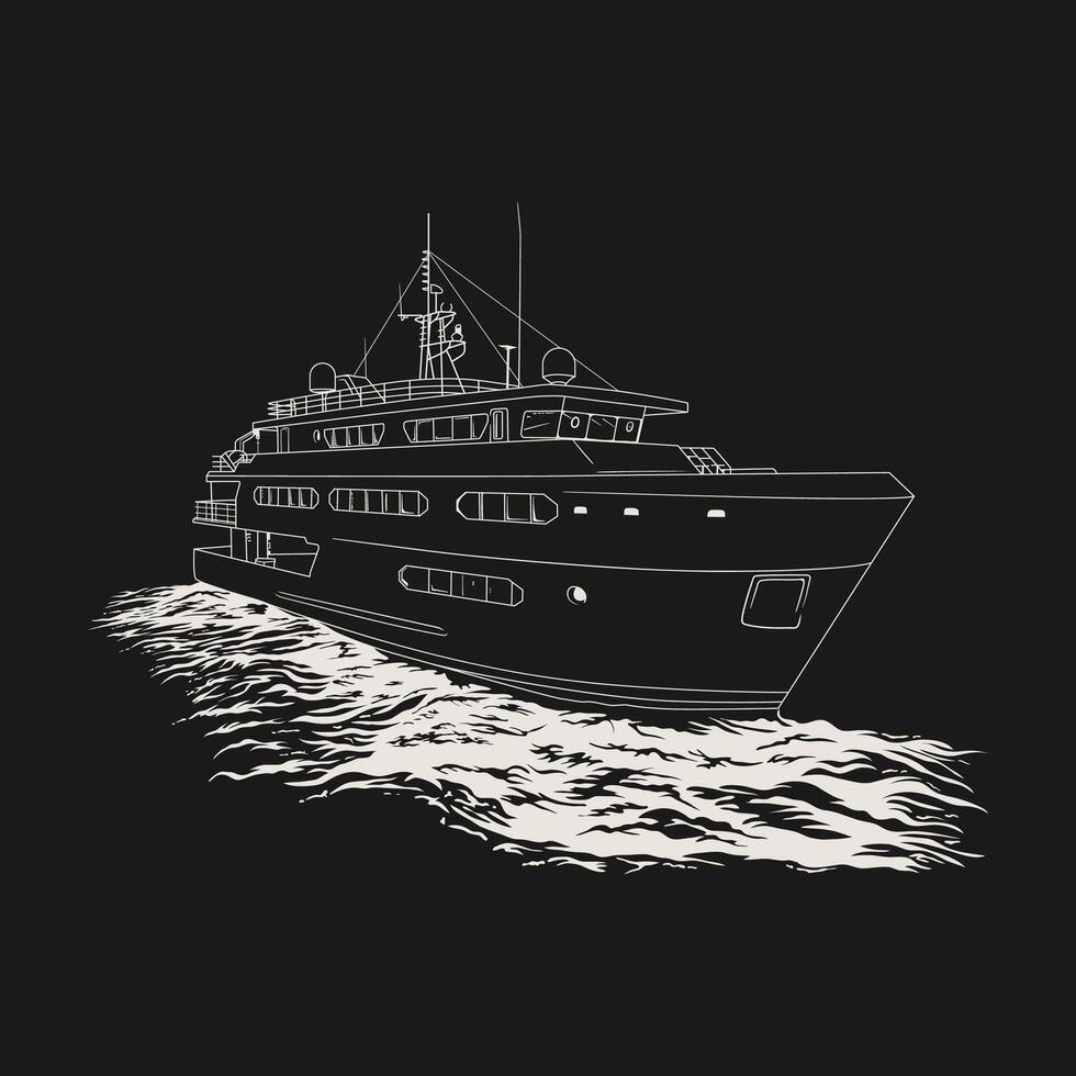 en detalj illustration av en klassisk fartyg segling i lugna vattnen. vektor linje konst