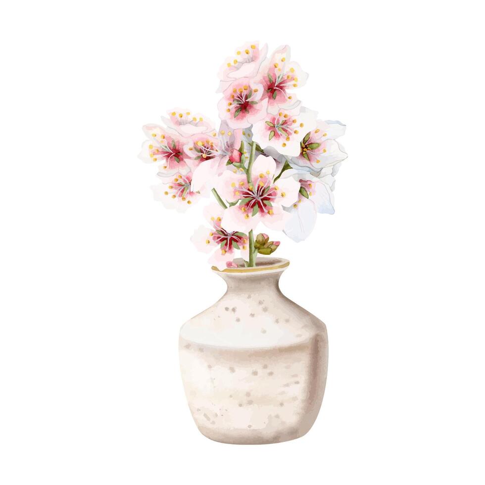 Aquarell Blühen Geäst von Rosa Frühling Blumen im Beige Vase. Blumen- Komposition mit Mandel, Kirsche, Pflaume Blumen vektor