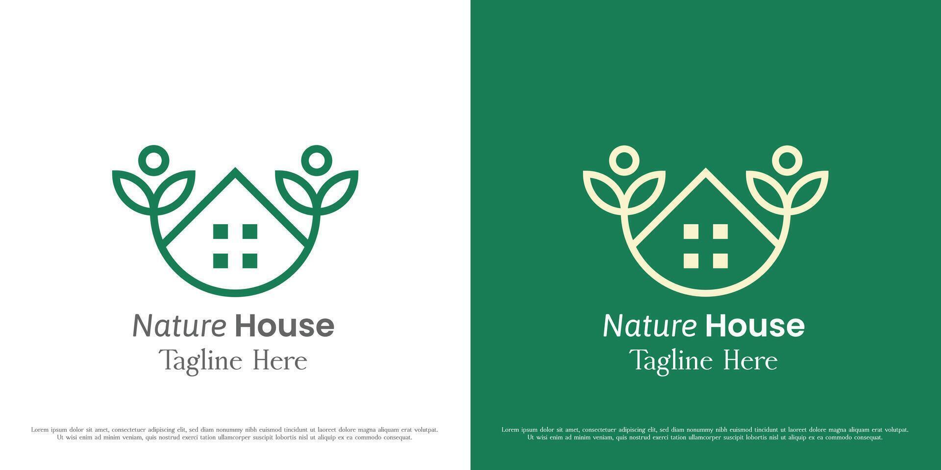 Öko freundlich Haus Logo Symbol. Silhouette linear Linie Kabine Gebäude Natur Pflanze Grün Blätter. minimal sauber minimalistisch Illustration Design von Blütenblatt wachsen immergrün Laub sprießen Baum bio heim. vektor