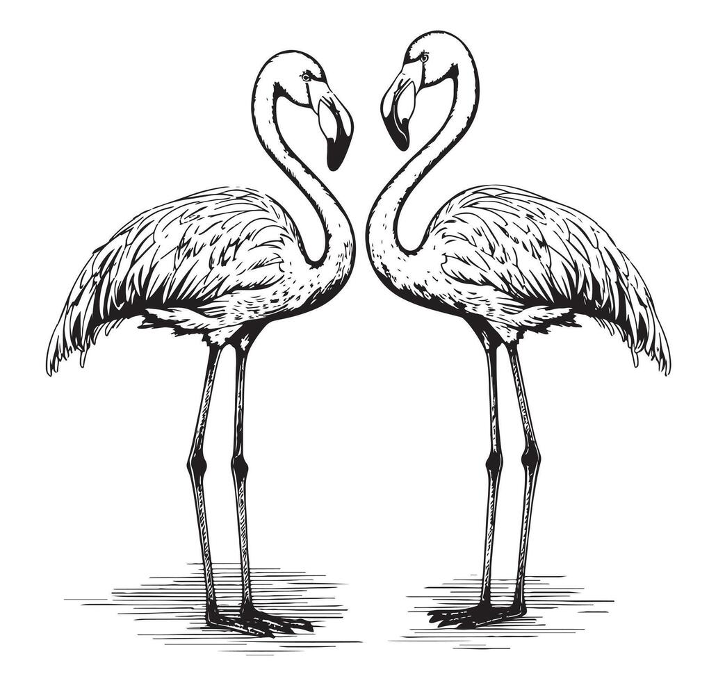 Flamingo Vektor Illustration. Tinte Stift Zeichnung. Linie Kunst Design, Gravur Stil. Hand gezeichnet Bild.