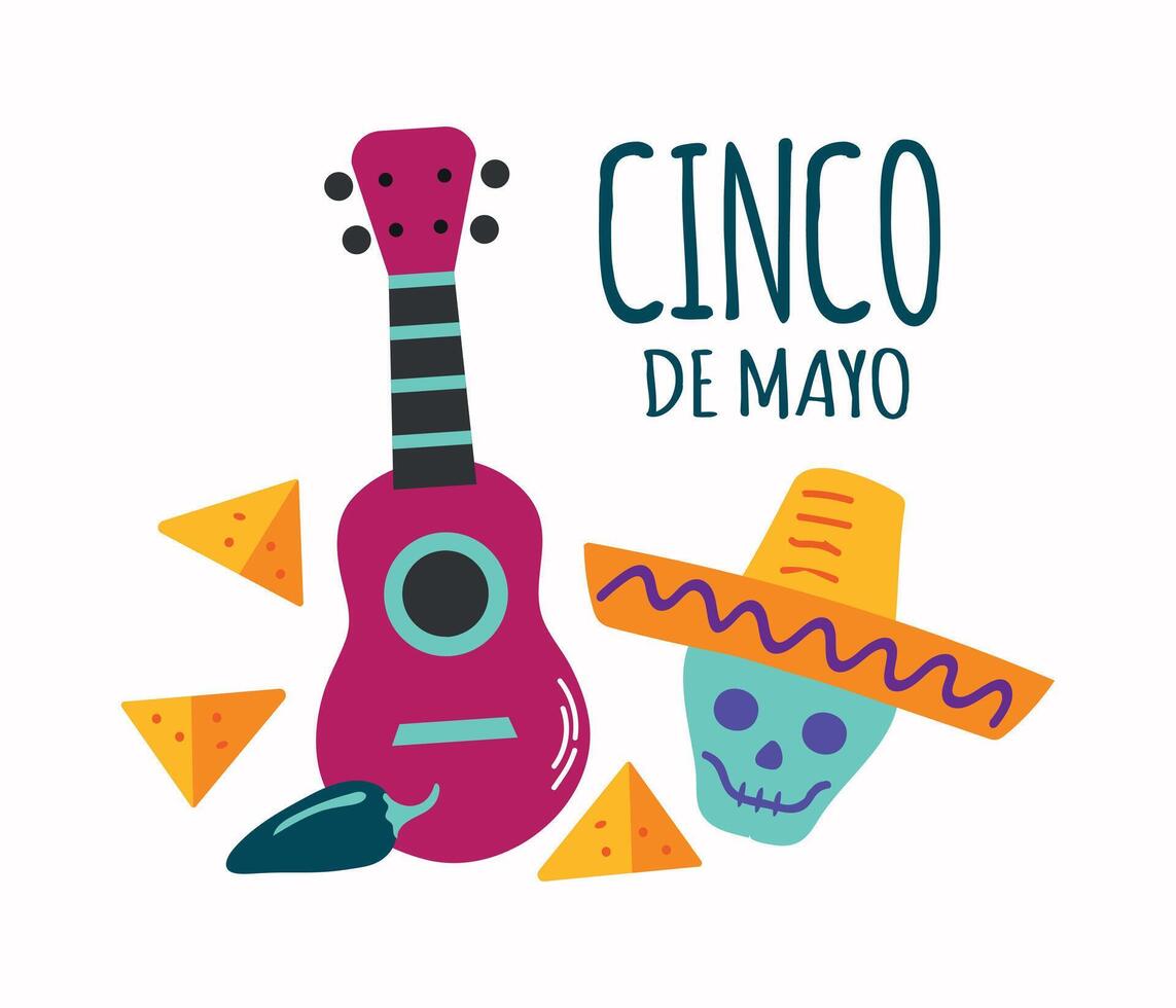 cinco de Mayo Vektor Karte mit Nachos, Jalapeno, Gitarre, Schädel im Sombrero