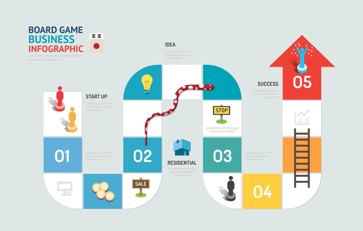 Geschäft Tafel Spiel Konzept Pfeil Start oben Infografik 5 Schritt zu erfolgreich, Vektor Illustration