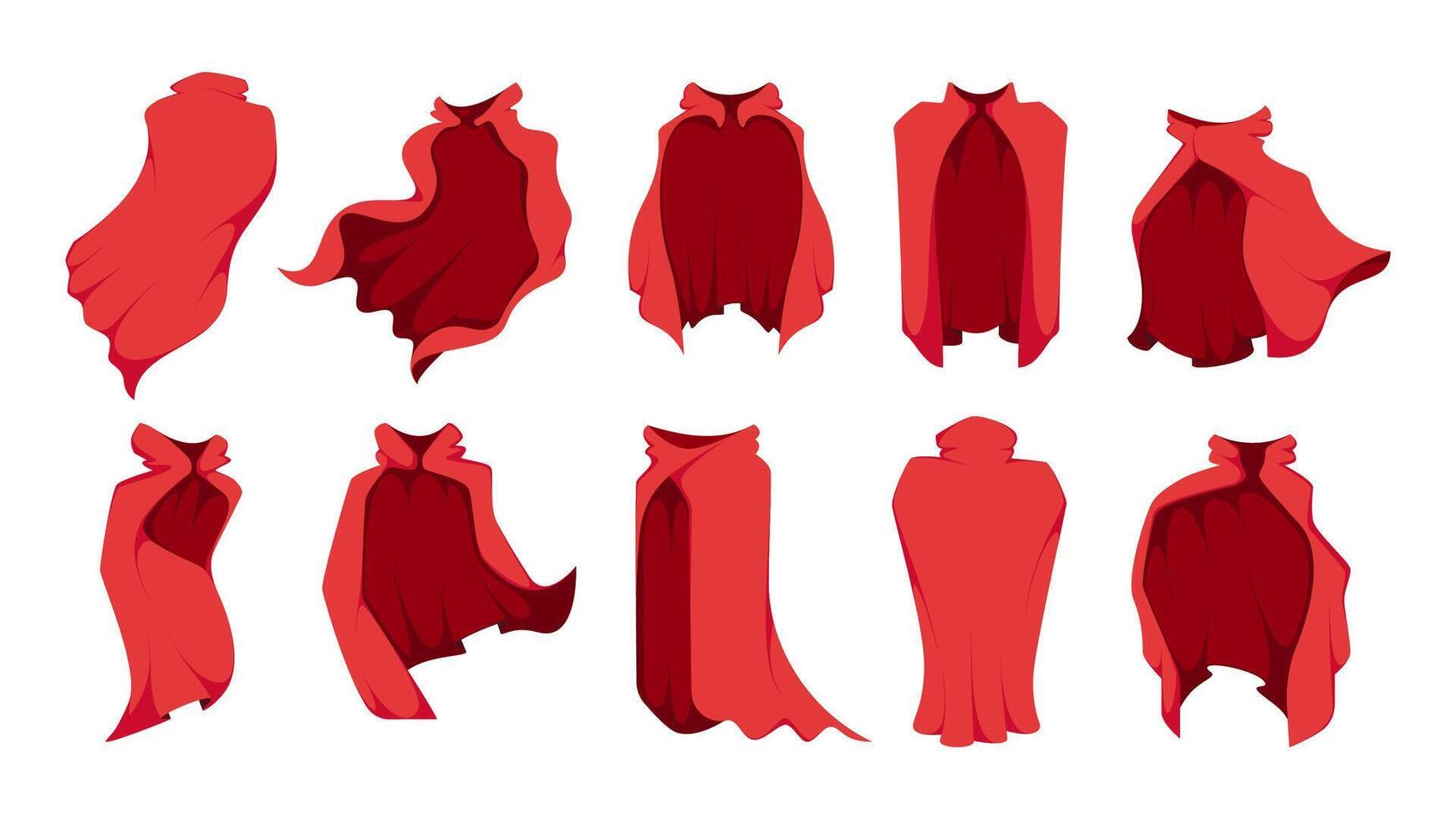 Karikatur rot Mantel. eben Comic Mantel Schal Stoff Kostüm, elegant Seide Satin- Samt Kleid zum Karneval Held Charakter. Vektor isoliert einstellen