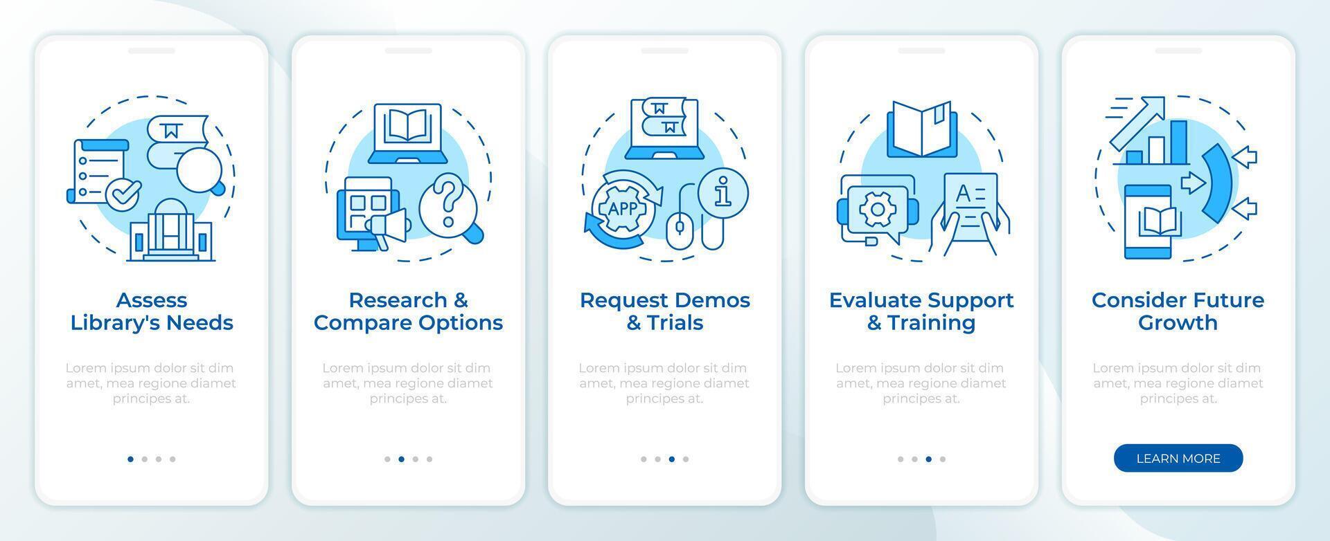 bok Lagra förvaltning programvara blå onboarding mobil app skärm. genomgång 5 steg redigerbar grafisk instruktioner med linjär begrepp. ui, ux, gui mall. montserrat halvfet, regelbunden typsnitt Begagnade vektor