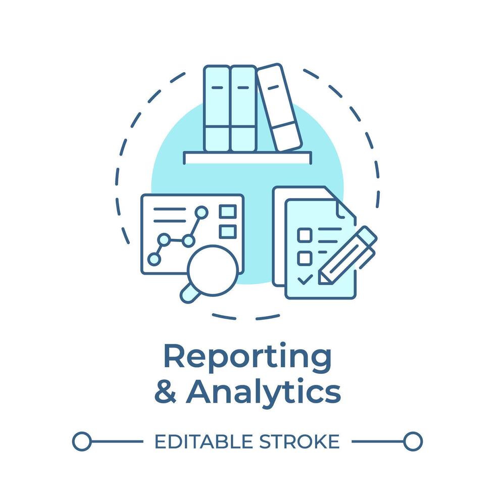 Berichterstattung und Analytik Sanft Blau Konzept Symbol. Kunde Service, analytisch Werkzeug. Performance Verfolgung. runden gestalten Linie Illustration. abstrakt Idee. Grafik Design. einfach zu verwenden im Infografik vektor