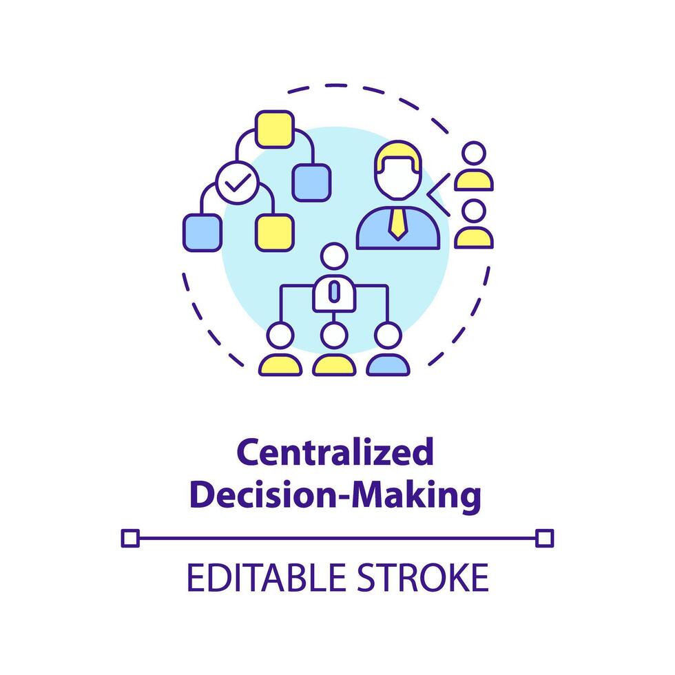 centraliserad beslutsfattande mång Färg begrepp ikon. senior ledare göra beslut. uppgifter distribution. runda form linje illustration. abstrakt aning. grafisk design. lätt till använda sig av i marknadsföring vektor