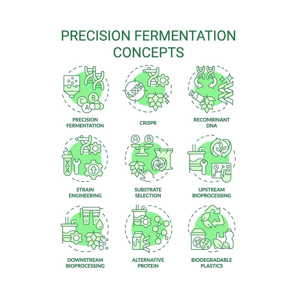 precision jäsning grön begrepp ikoner. mat genetisk modifiering. artificiell urval. syntetisk biologi, bioteknik. ikon packa. vektor bilder. runda form illustrationer. abstrakt aning