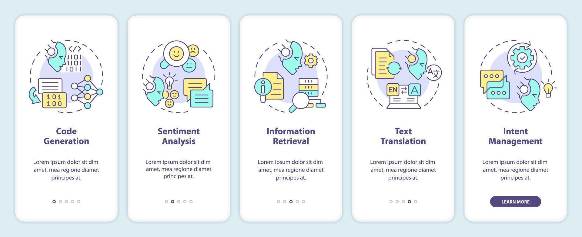 fortgeschritten Daten Anwendungen Onboarding Handy, Mobiltelefon App Bildschirm. Komplettlösung 5 Schritte editierbar Grafik Anleitung mit linear Konzepte. ui, ux, gui Vorlage vektor