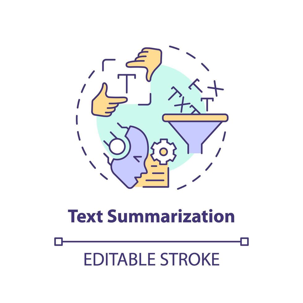 Text Zusammenfassung multi Farbe Konzept Symbol. natürlich Sprache wird bearbeitet. intelligent Daten Analyse. runden gestalten Linie Illustration. abstrakt Idee. Grafik Design. einfach zu verwenden im Infografik vektor