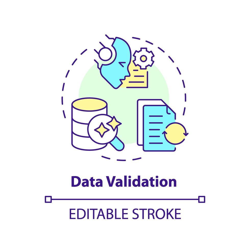 Daten Validierung multi Farbe Konzept Symbol. Information wird bearbeitet, Digital Arbeitsablauf. runden gestalten Linie Illustration. abstrakt Idee. Grafik Design. einfach zu verwenden im Infografik, Präsentation vektor