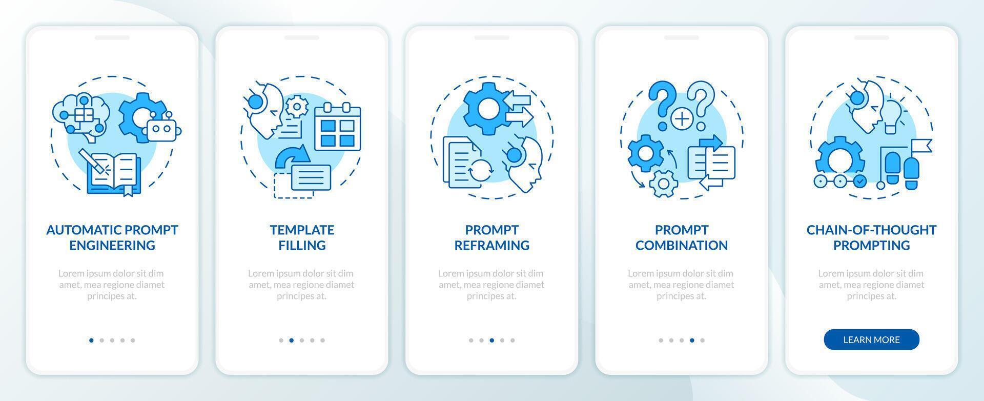 prompt teknik tekniker blå onboarding mobil app skärm. genomgång 5 steg redigerbar grafisk instruktioner med linjär begrepp. ui, ux, gui mall vektor
