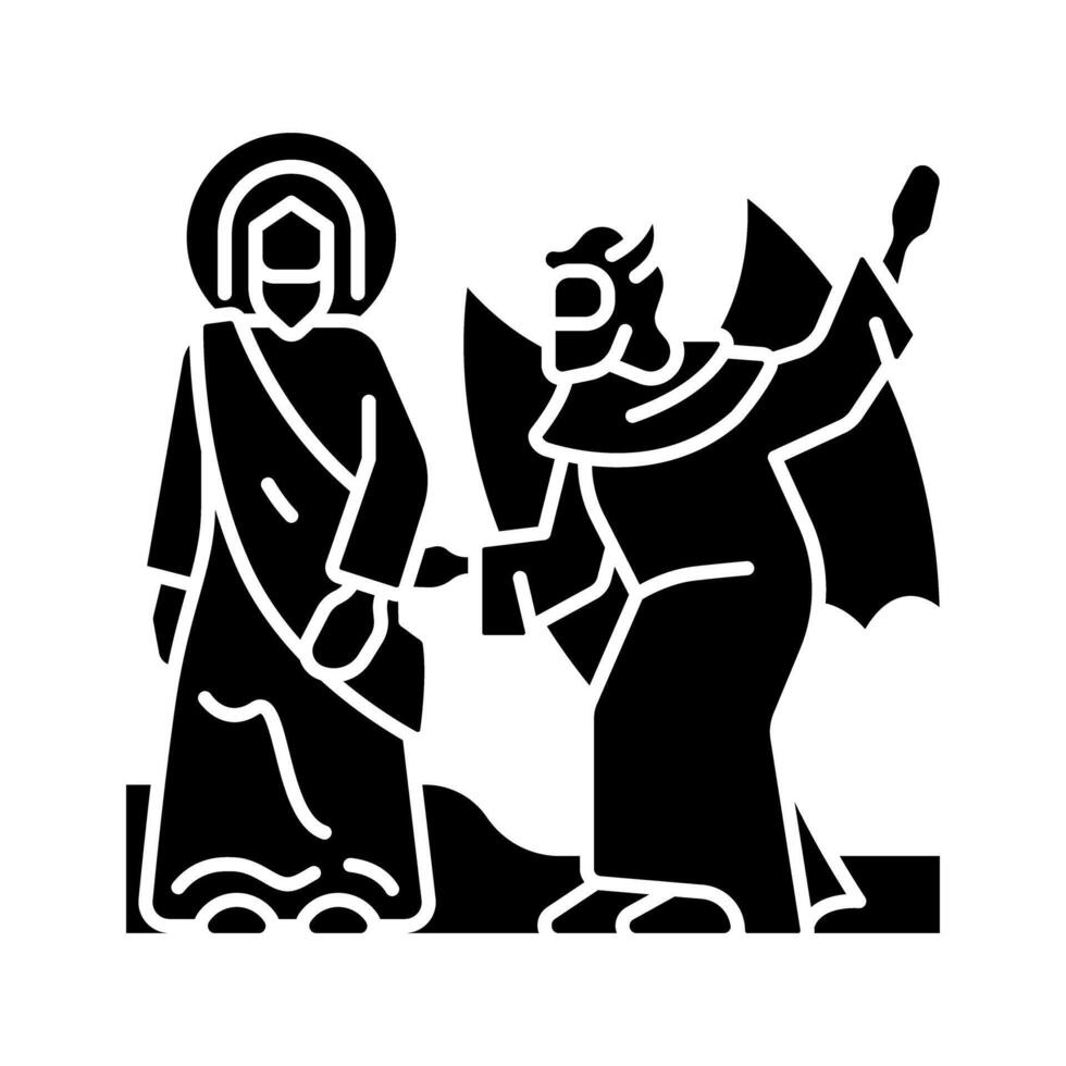 frestelse av christ svart glyf ikon. Jesus och satan. christ frestad förbi jäkel. biblisk scen. ny testamente. silhuett symbol på vit Plats. fast piktogram. vektor isolerat illustration