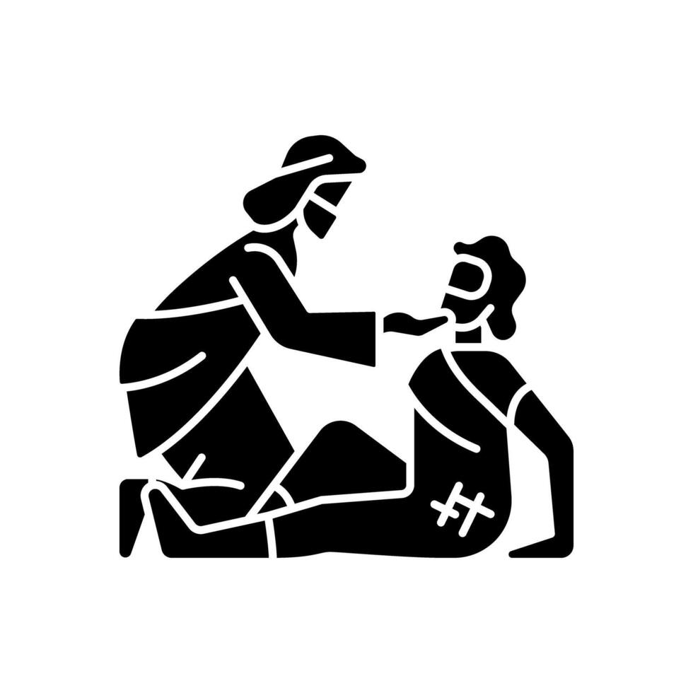 Bra samaritan svart glyf ikon. liknelse berättade förbi Jesus Kristus. samaritan hjälper skadade resande. mänsklig frälsning. silhuett symbol på vit Plats. fast piktogram. vektor isolerat illustration
